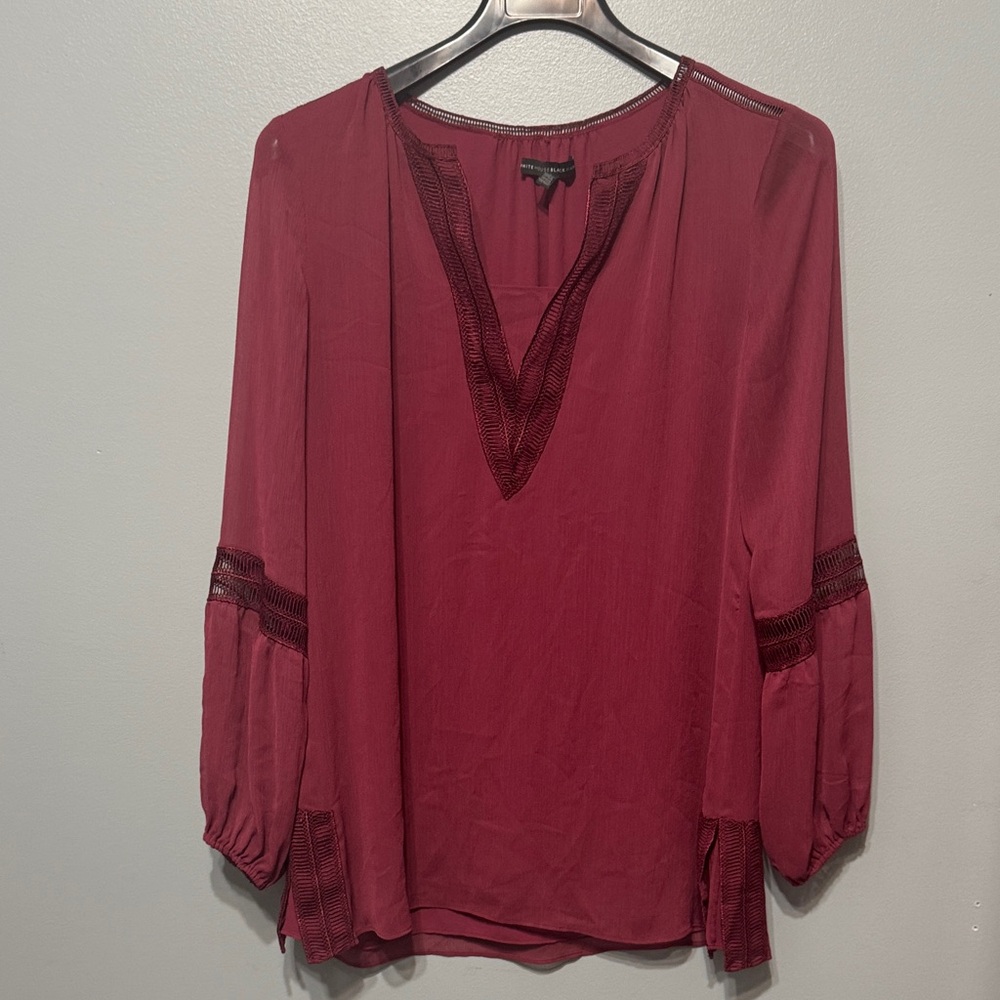 White House Black Market Deep Red Blouse with Lace Accents